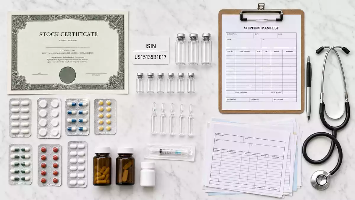 Draufsicht auf Börsen-Flatlay mit Aktienzertifikat, ISIN-Karte US15135B1017 und Pharmautensilien