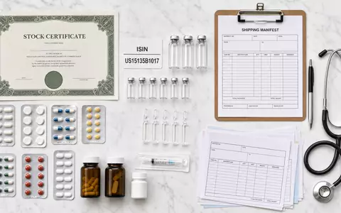 Cencora Inc. Aktienanlage US15135B1017 als Flatlay mit Börsenzertifikat ISIN-Karte Medikamenten und Stethoskop - Foto: THN