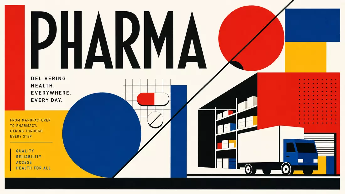 Bauhaus-Grafikposter mit großem PHARMA-Text, geometrischen Formen in Rot Blau Gelb