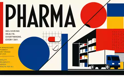 Cencora Inc. Pharmadistribution US15135B1017 als geometrisches Bauhaus-Poster mit großem PHARMA-Schriftzug in Rot Blau Gelb - Foto: THN