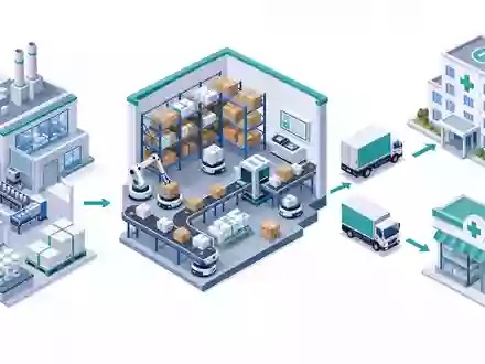 Cencora Inc. Lieferkette US15135B1017 als isometrisches 3D-Diagramm von Hersteller über Lager bis Apotheke - Foto: THN