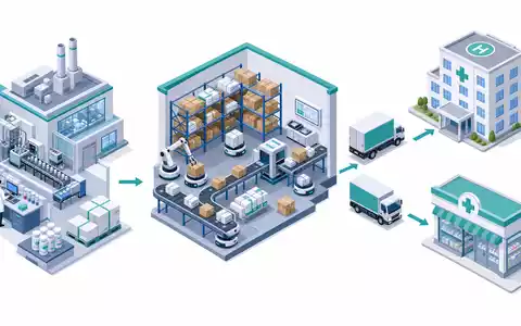 Cencora Inc. Lieferkette US15135B1017 als isometrisches 3D-Diagramm von Hersteller ĂŒber Lager bis Apotheke - Foto: THN