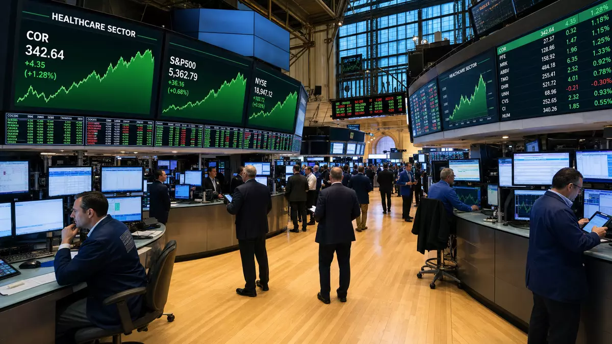 NYSE-Handelsparkett mit Brokern und Displays mit COR S&P500 Healthcare-Sektorkursen