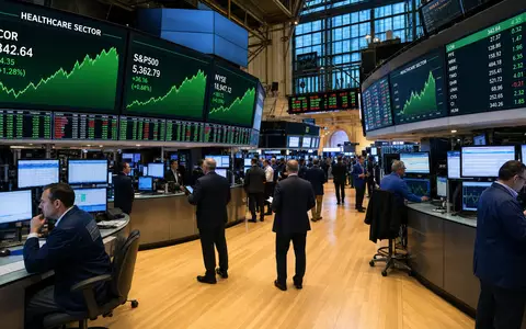 Cencora Inc. NYSE-Börsenparkett US15135B1017 mit Brokern Händlern und grünen Healthcare-Sektor-Charts auf großen Digitalbildschirmen - Foto: THN