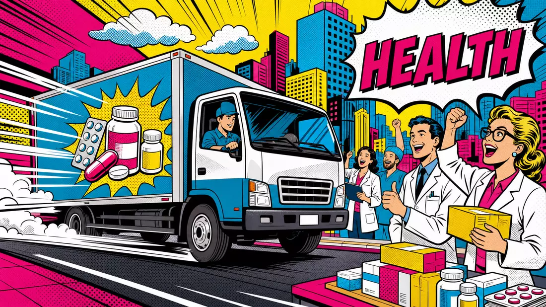 Pop-Art-Comic-Illustration: Lieferwagen mit Medikamenten und jubelnde Ärzte in leuchtenden Farben