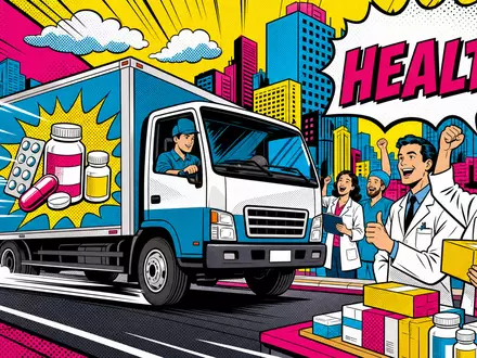 Cencora Inc. Pharmadistribution US15135B1017 als buntes Pop-Art-Comic mit rasantem Lieferwagen und jubelnden Ärzten - Foto: THN