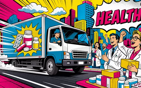 Cencora Inc. Pharmadistribution US15135B1017 als buntes Pop-Art-Comic mit rasantem Lieferwagen und jubelnden Ärzten - Foto: THN