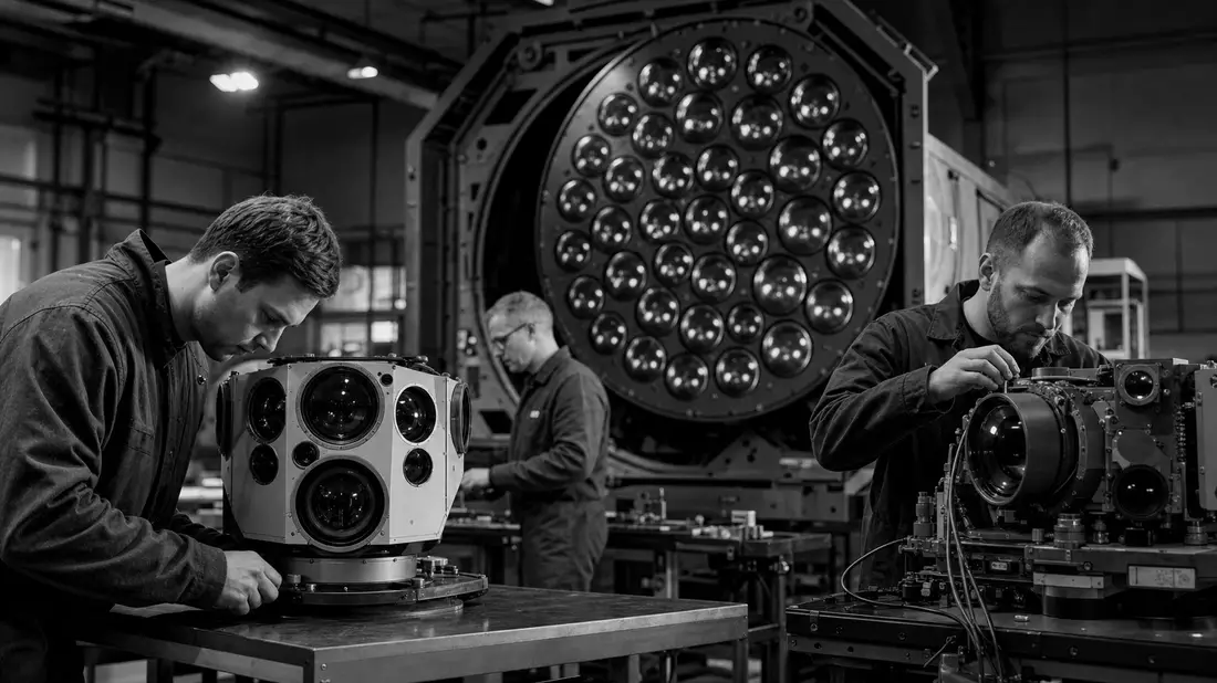 Schwarz-Weiß-Reportage von Hensoldt AG Ingenieuren bei Optronik-Inspektion in Werkstatt