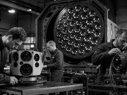 Hensoldt AG Ingenieure prüfen Sensorsysteme in der Werkstatt dokumentarisch schwarz weiß, ISIN DE000HAG0005 - Foto: THN