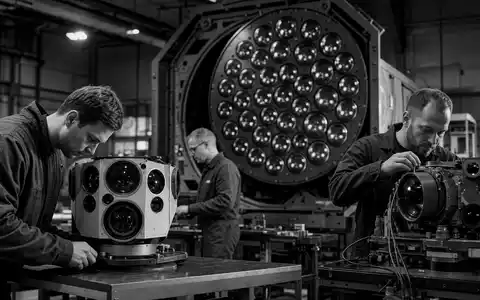 Hensoldt AG Ingenieure prüfen Sensorsysteme in der Werkstatt dokumentarisch schwarz weiß, ISIN DE000HAG0005 - Foto: THN