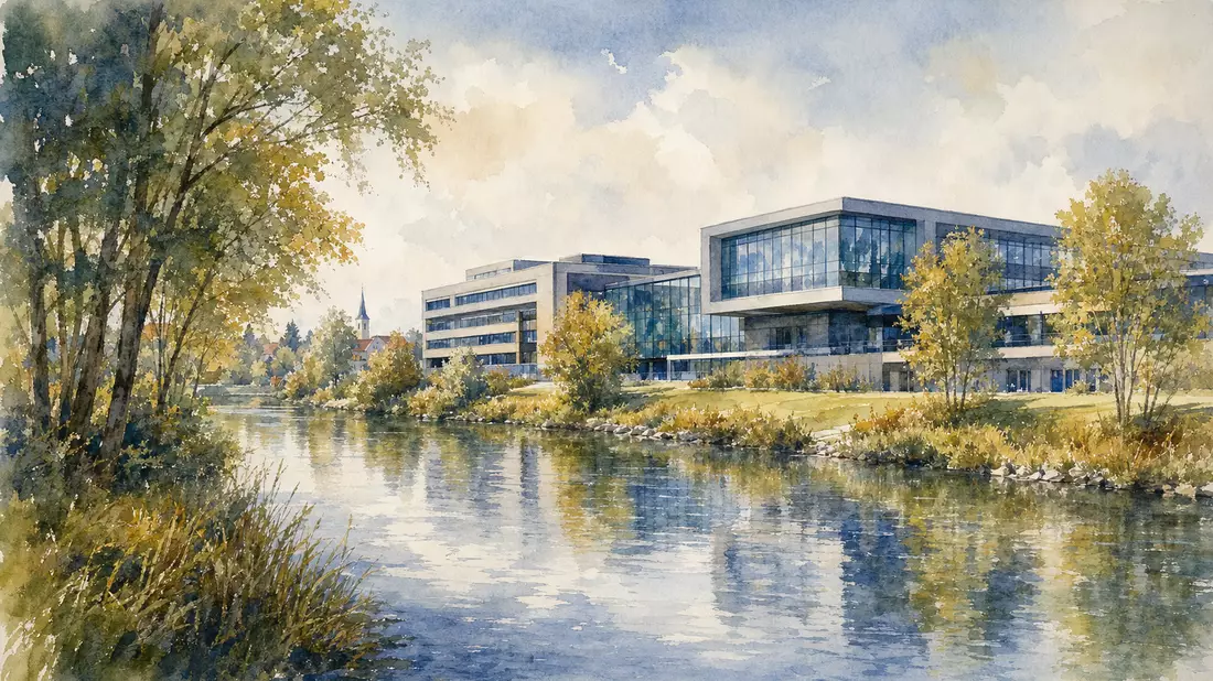 Aquarell-Illustration des Hensoldt AG Technologieparks an einem bayerischen Fluss