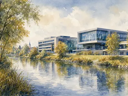 Hensoldt AG Unternehmensstandort am Fluss als Aquarell gemalt in Bayern, ISIN DE000HAG0005 Technologie - Foto: THN