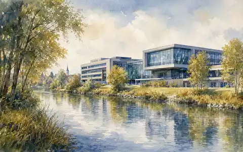 Hensoldt AG Unternehmensstandort am Fluss als Aquarell gemalt in Bayern, ISIN DE000HAG0005 Technologie - Foto: THN