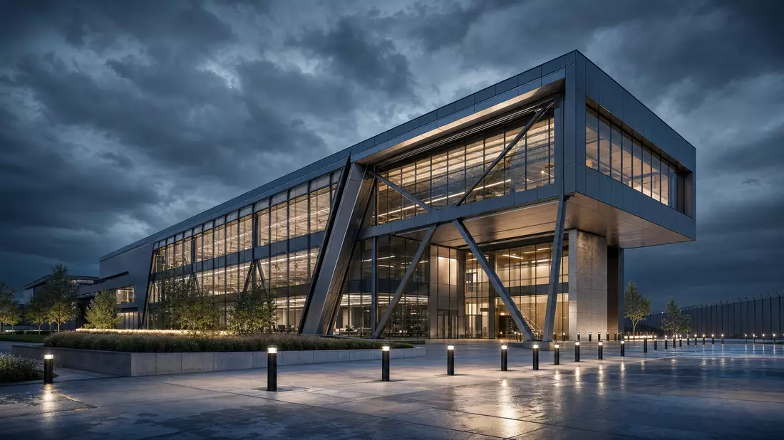 Architektur-Render des modernen Hensoldt AG Forschungsgebäudes mit Glasfassade bei Nacht