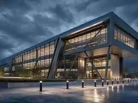 Hensoldt AG modernes Forschungsgebäude als Architektur Render bei Nacht beleuchtet, ISIN DE000HAG0005 - Foto: THN