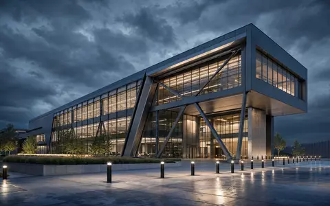 Hensoldt AG modernes ForschungsgebÀude als Architektur Render bei Nacht beleuchtet, ISIN DE000HAG0005 - Foto: THN