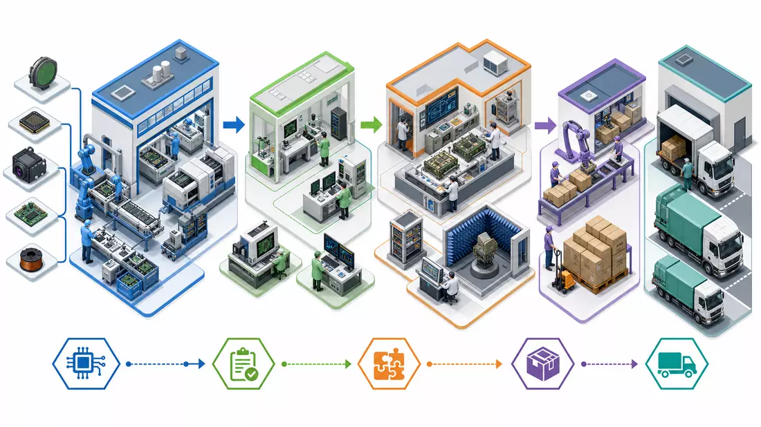 Isometrische 3D-Grafik der Hensoldt AG Lieferkette von Produktion bis Auslieferung