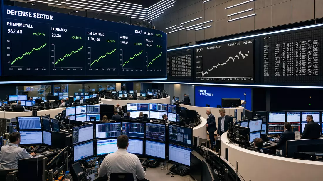 Frankfurter Börsensaal mit Rüstungssektor-Kursanzeige und Händlern für Hensoldt AG DAX