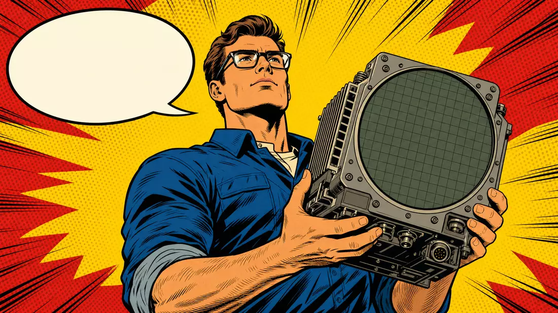 Pop-Art-Comic eines Hensoldt AG Ingenieurs der einen Radarsensor heroisch präsentiert