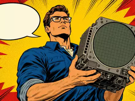 Hensoldt AG Ingenieur hält Radarsensor im farbigen Pop Art Comic Stil, ISIN DE000HAG0005 - Foto: THN