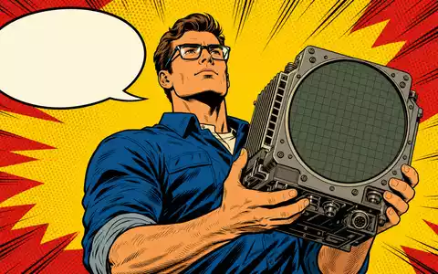 Hensoldt AG Ingenieur hält Radarsensor im farbigen Pop Art Comic Stil, ISIN DE000HAG0005 - Foto: THN