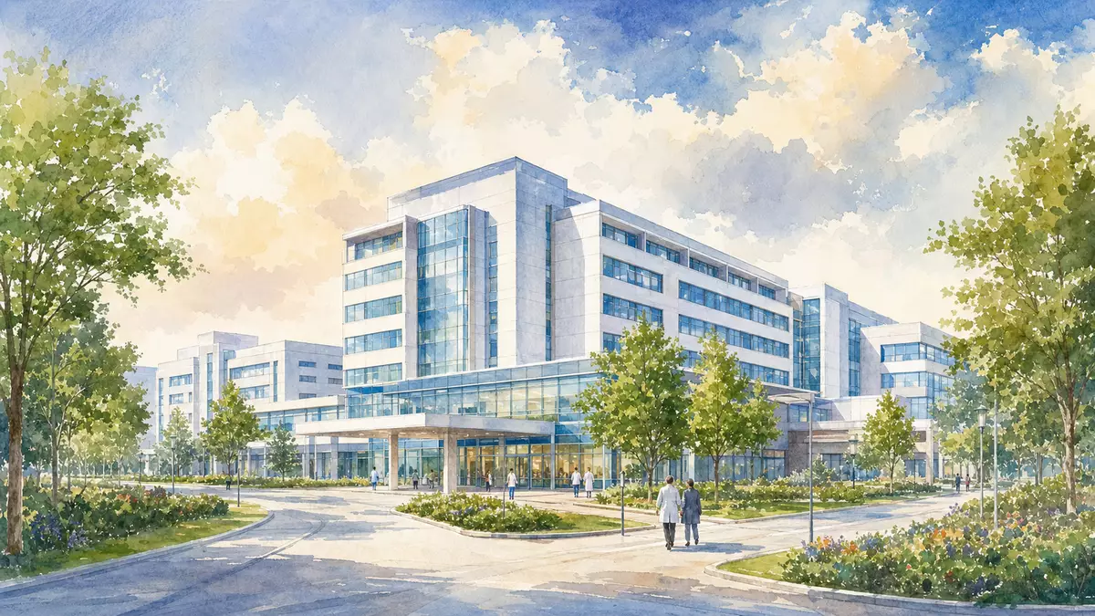 Aquarell eines modernen Krankenhauskomplexes mit Bäumen und Eingangsbereich in Pastellfarben