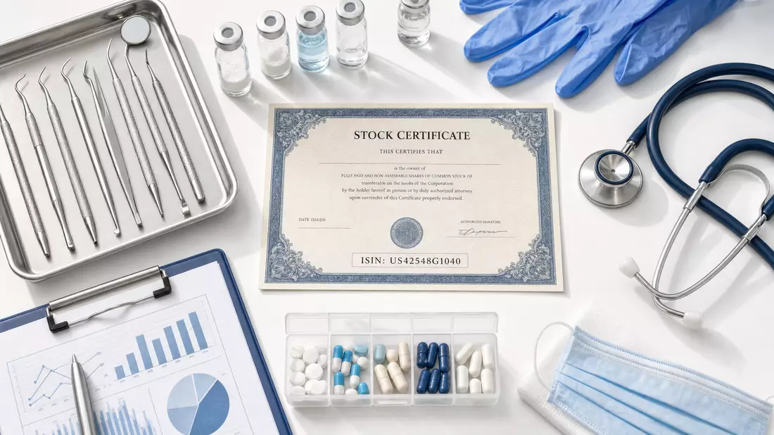 Draufsicht auf Dentalwerkzeuge, Aktienzertifikat mit ISIN US42548G1040 und Medizinprodukte