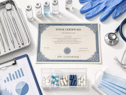 Henry Schein US42548G1040 Aktien-Flatlay zeigt Dentalinstrumente, Aktienzertifikat und medizinische Verbrauchsmaterialien auf weißem Hintergrund - Foto: THN