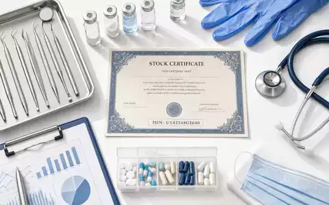 Henry Schein US42548G1040 Aktien-Flatlay zeigt Dentalinstrumente, Aktienzertifikat und medizinische Verbrauchsmaterialien auf weißem Hintergrund - Foto: THN