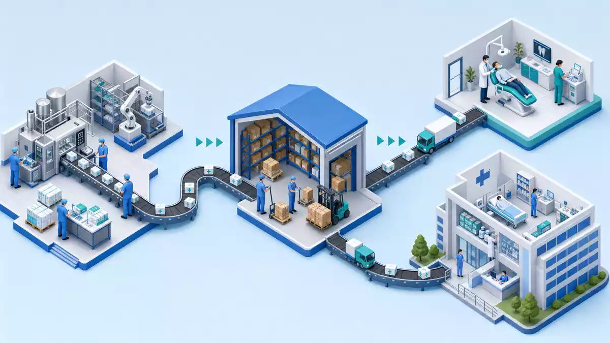 Isometrische 3D-Illustration der Lieferkette von Medizinprodukten von Produktion zu Klinik