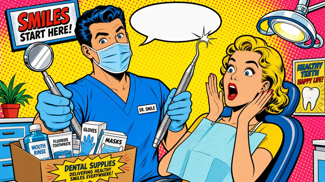 Pop-Art-Comic eines Zahnarztes mit Dentalwerkzeugen und überraschter Patientin im Halftone-Stil