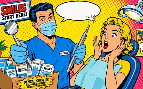 Henry Schein US42548G1040 Pop-Art-Comic zeigt einen bunten Zahnarzt mit Patientin in Halftone-Punkt-Stil - Foto: THN