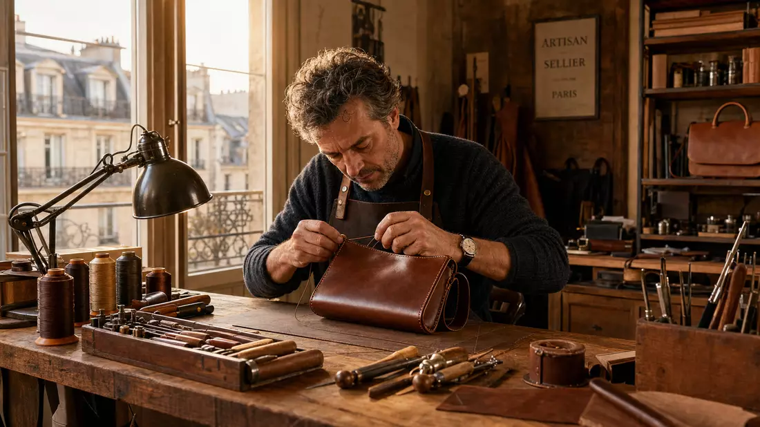 Pariser Ledersattler stitcht Luxustasche im Atelier – Hermès International FR0000052292