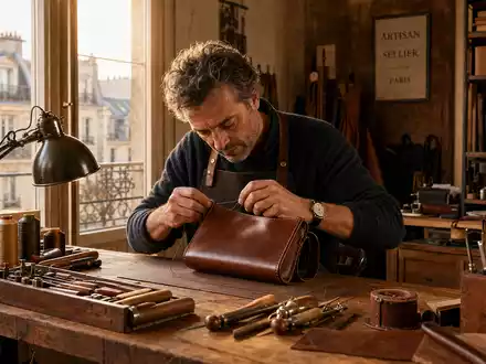 Hermès International FR0000052292 Pariser Ledersattler näht präzise eine elegante ungebrandete Luxustasche in warmem Atelierlich - Foto: THN