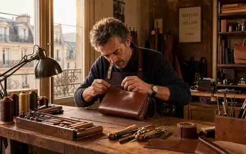 Hermès International FR0000052292 Pariser Ledersattler näht präzise eine elegante ungebrandete Luxustasche in warmem Atelierlich - Foto: THN