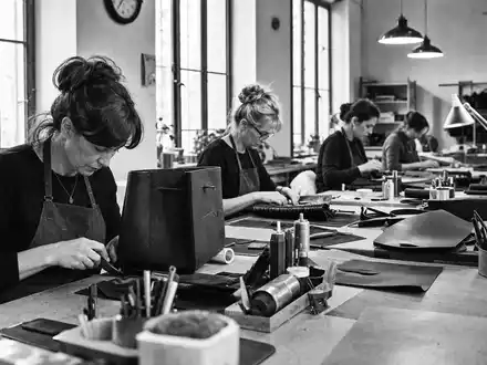 Hermès International FR0000052292 Handwerkerinnen arbeiten konzentriert in klassischer französischer Ledermanufaktur dokumentarisches Schwarzweißfoto - Foto: THN