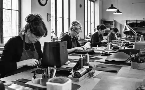 Hermès International FR0000052292 Handwerkerinnen arbeiten konzentriert in klassischer französischer Ledermanufaktur dokumentarisches Schwarzweißfoto - Foto: THN