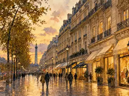 Hermès International FR0000052292 elegante Pariser Prachtstraße im goldenen Abendlicht als impressionistische Aquarellmalerei dargestellt - Foto: THN