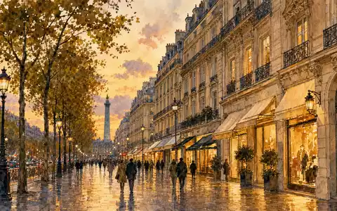Hermès International FR0000052292 elegante Pariser Prachtstraße im goldenen Abendlicht als impressionistische Aquarellmalerei dargestellt - Foto: THN
