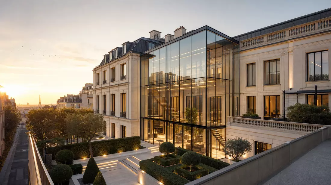 Architektur-Render modernes Luxusatelier Glas Kalkstein Paris – Hermès International FR0000052292