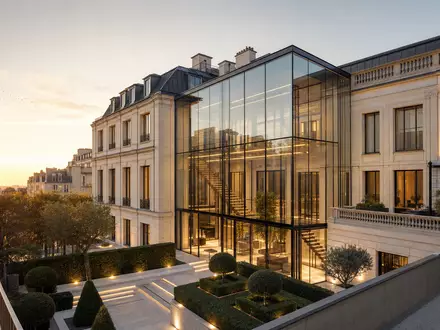 Hermès International FR0000052292 modernes Pariser Luxusatelier-Hauptquartier aus Glas und Kalkstein photorealistischer Architekturrender Sonnenuntergang - Foto: THN