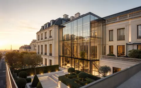 Hermès International FR0000052292 modernes Pariser Luxusatelier-Hauptquartier aus Glas und Kalkstein photorealistischer Architekturrender Sonnenuntergang - Foto: THN