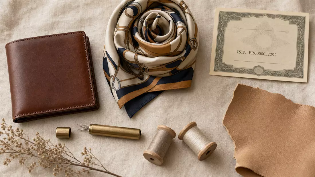 Flatlay Lederwaren ISIN-Karte Seidenschal Leinenfaden – Hermès International FR0000052292
