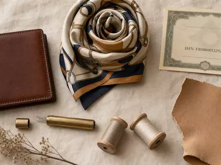 Hermès International FR0000052292 Flatlay mit Lederwaren ISIN-Karte Seidenschal und Handwerkswerkzeugen auf cremefarbenem Linen - Foto: THN