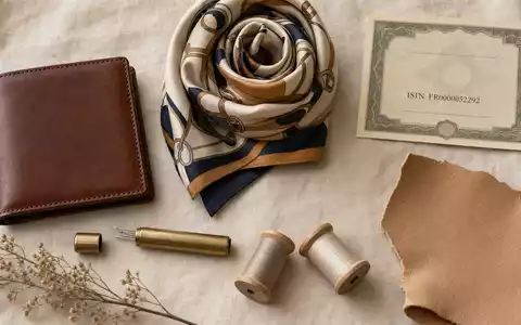 Hermès International FR0000052292 Flatlay mit Lederwaren ISIN-Karte Seidenschal und Handwerkswerkzeugen auf cremefarbenem Linen - Foto: THN