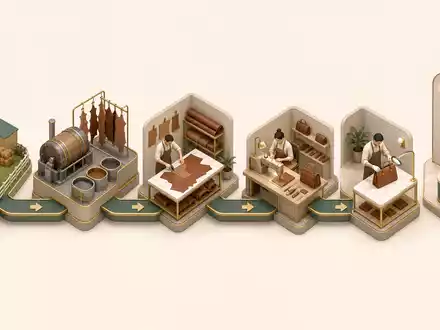 Hermès International FR0000052292 isometrische 3D-Illustration vollständige Wertschöpfungskette Ledermanufaktur von Weide bis Luxusboutique - Foto: THN