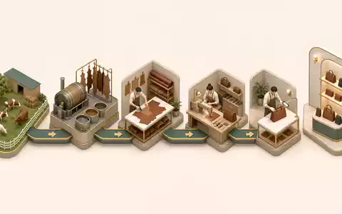 Hermès International FR0000052292 isometrische 3D-Illustration vollständige Wertschöpfungskette Ledermanufaktur von Weide bis Luxusboutique - Foto: THN