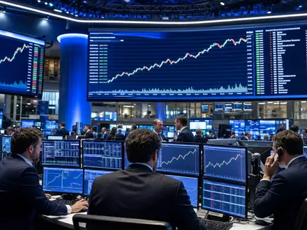 Hermès International FR0000052292 Euronext Paris Börsenparkett mit steigenden CAC 40 Luxusgüter-Kursen auf Riesenbildschirmen - Foto: THN