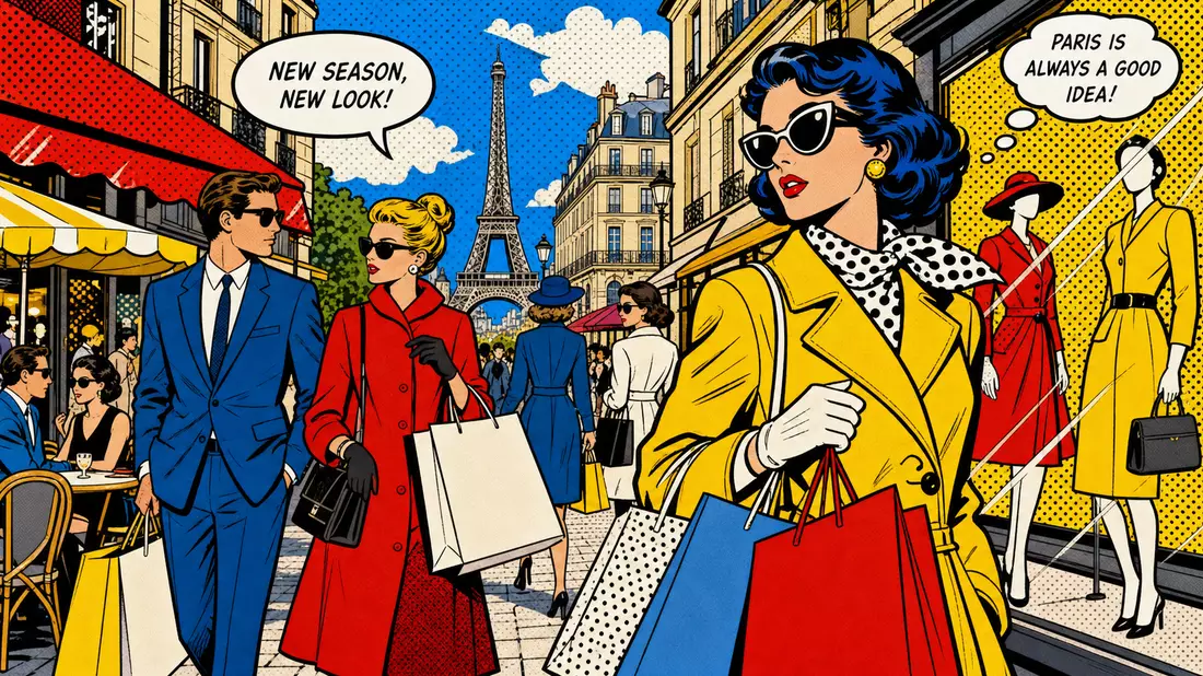 Pop-Art-Comic Pariser Luxuseinkaufsstraße Eiffelturm – Hermès International FR0000052292