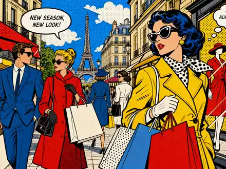Hermès International FR0000052292 Pop-Art-Comic Pariser Luxusboulevard mit stilvollen Figuren eleganten Einkaufstüten Eiffelturm - Foto: THN